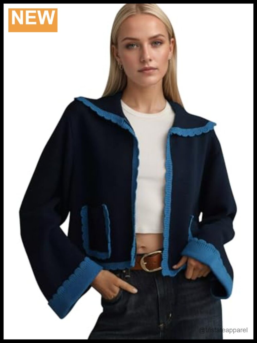 Womens Scallop Trim Lapel Collar Cardigan Bell Sleeve Knit Sweater Front Pockets